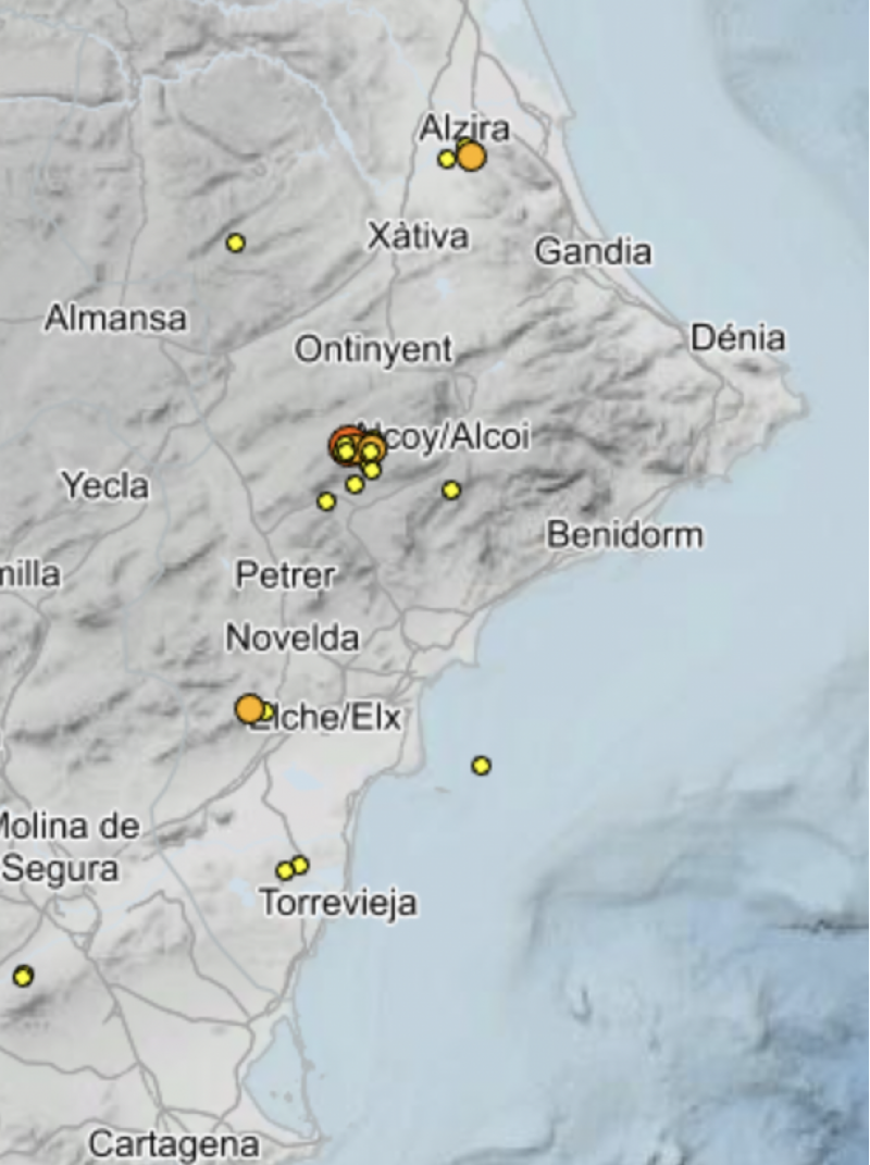 Terratrémols a la província d’Alacant en els últims 30 dies / Institut Geogràfic Nacional.