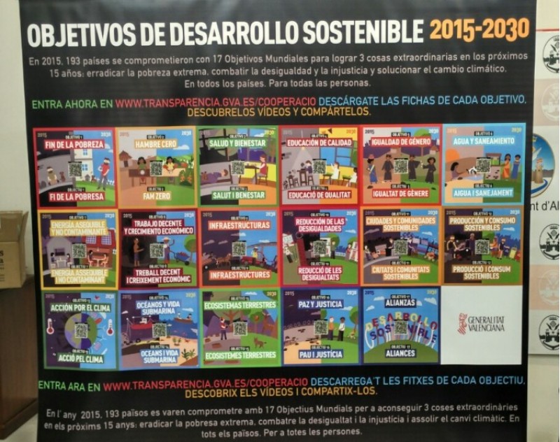 Pancarta amb tots els objectius, que també es pot consultar en la web de GVA-Cooperació/AM