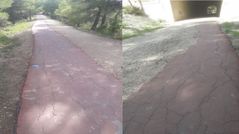 Estat de l'asfalt a la via verda, imatge facilitada per Ciutadans Alcoi