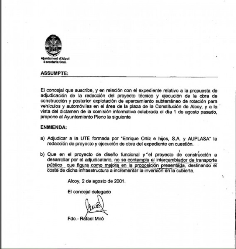 La proposta d'adjudicació firmada per Rafa Miró i presentada pel PSOE