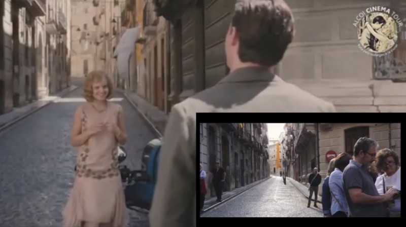 El carrer Sant Josep, en el centre d'Alcoi, en una escena de la pel·lícula El Jardín del Eden, i en un moment de la ruta de cinema