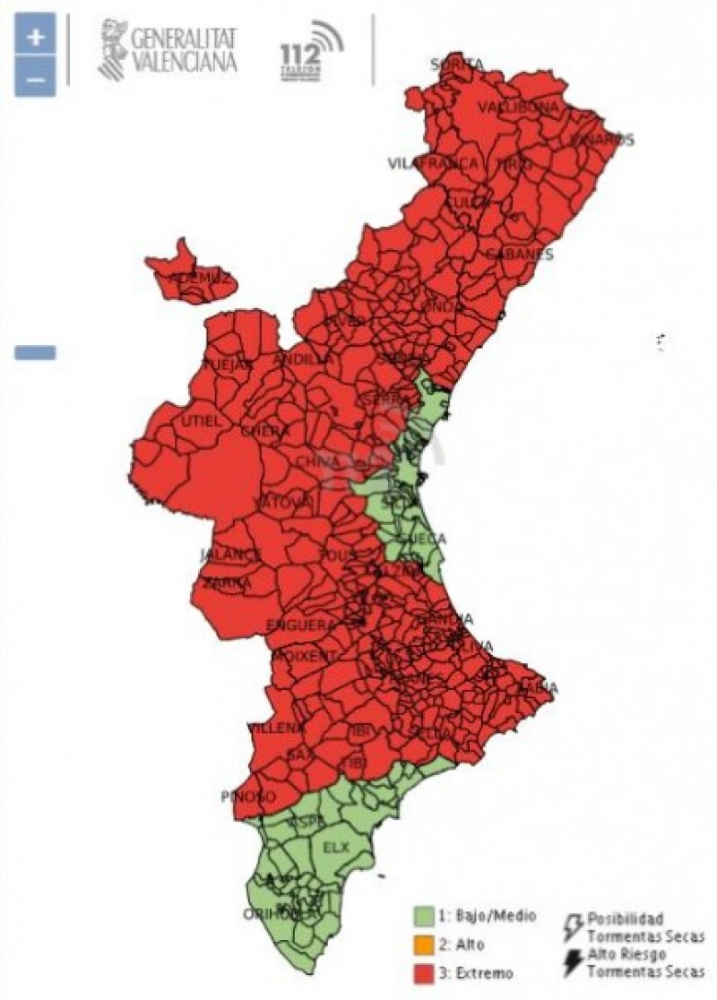 Mapa de risc d'incendi per a aquest dissabte 2 de setembre / GVA 112