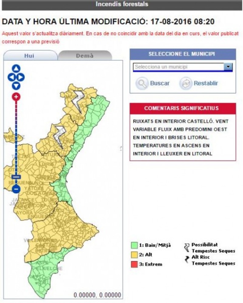 Mapa per risc d'incendi que ofereix el Servei d'Emergències de la Generalitat