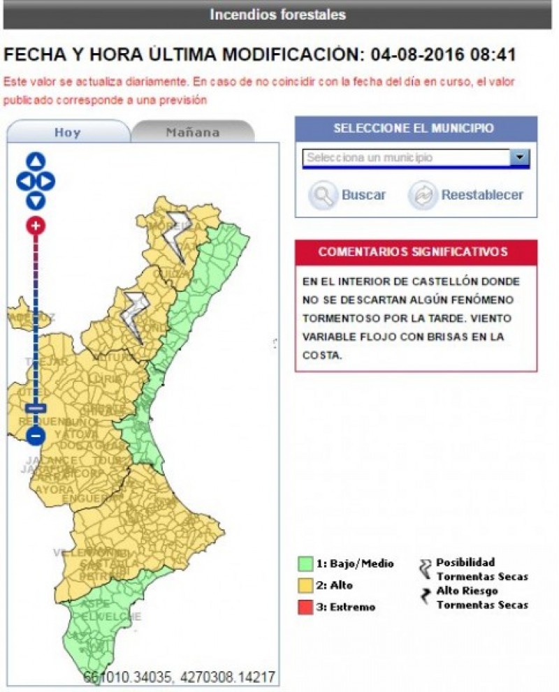 Mapa de la Comunitat Valenciana que indica els municipis amb més risc de sofrir un incendi