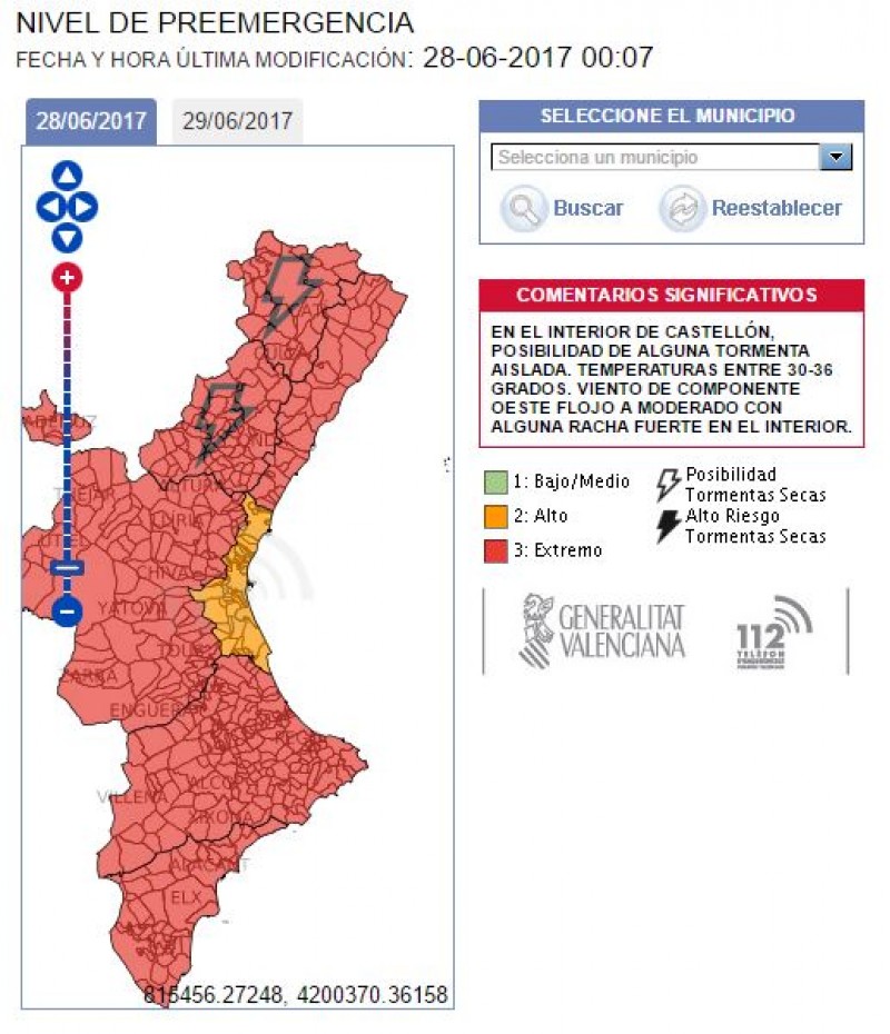 Mapa de risc d'incendi el 28 de juny / GVA 112