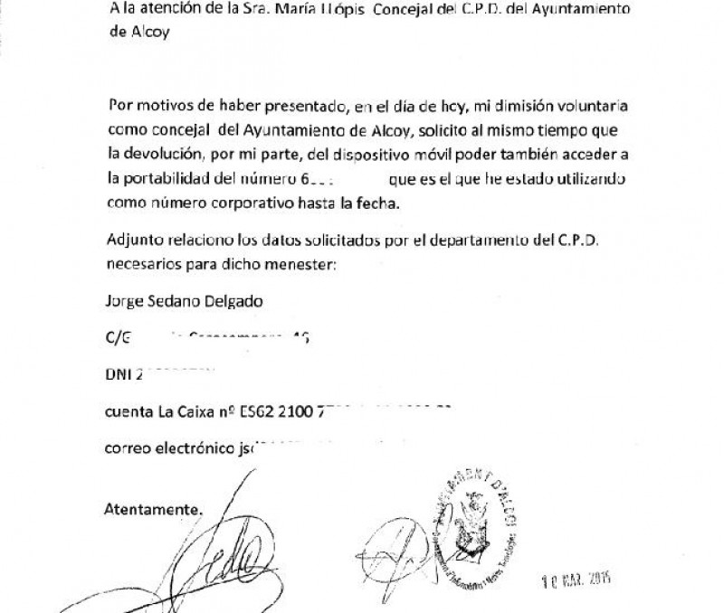 La carta de Sedano demanant la baixa del telèfon /AM