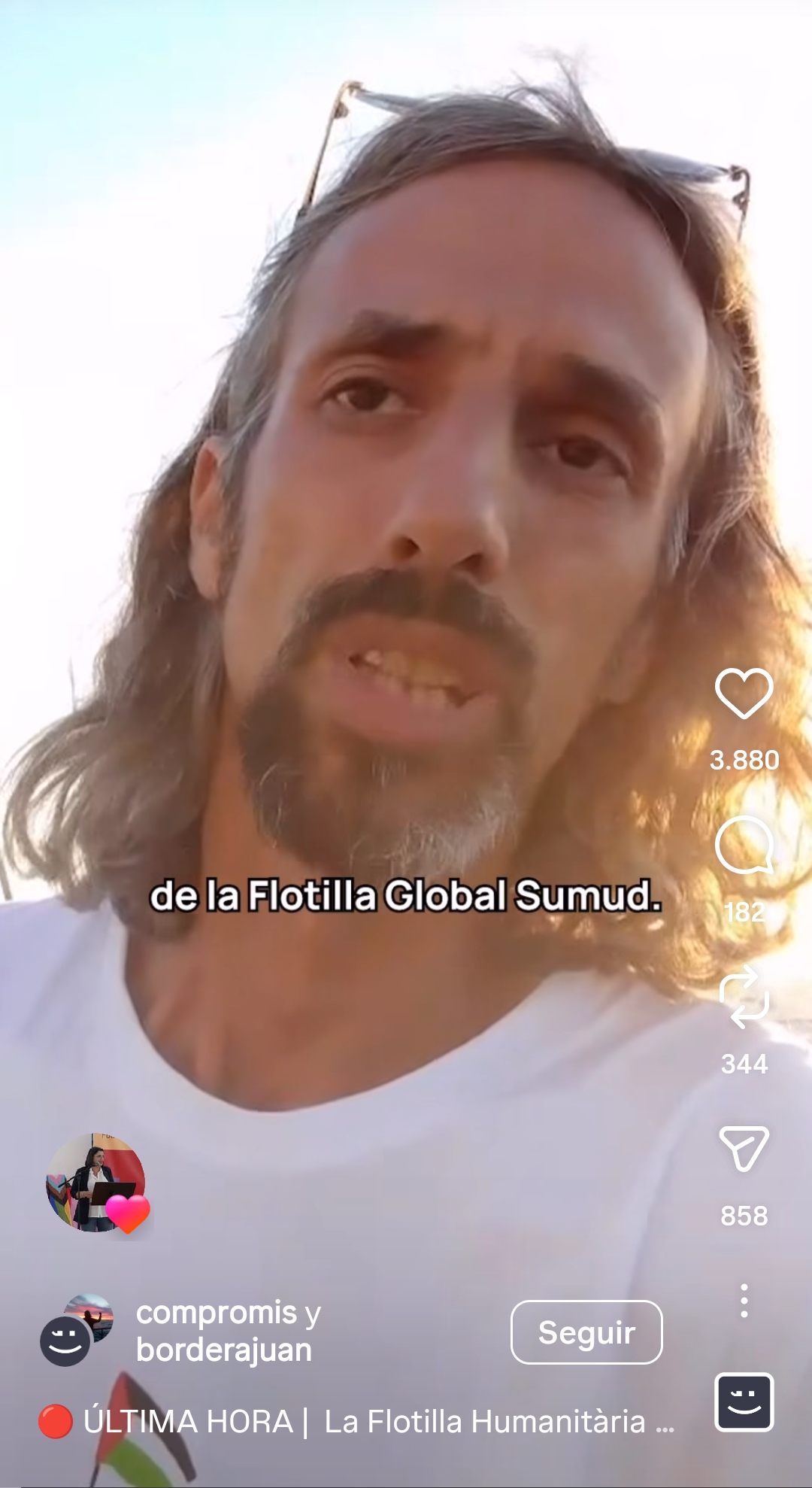 Juan Bordera en un vídeo d'Instagram minuts abans que el seu vaixell fora interceptat. 