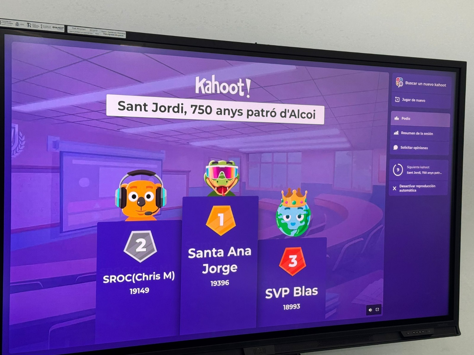 Classificació final del kahoot