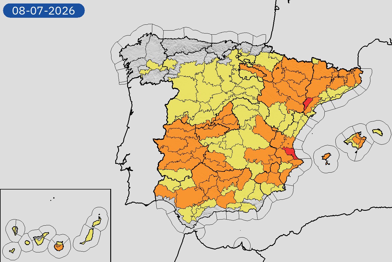 Previsió per al 8 de juliol. Estem en alerta taronja però amb el litoral sud de València, molt a prop, en roig.