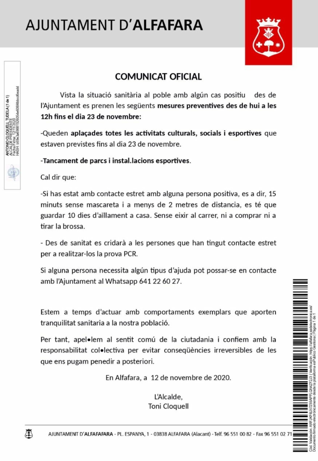 Comunicat de l'Ajuntament d'Alfafara dels últims dies